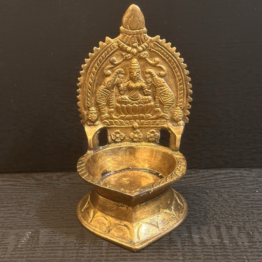 Vintage Brass Kamatchi Amman Vilakku, Gajalakshmi Oil Lamp, Diya, Petina, Marked